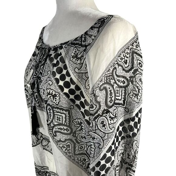 Hale Bob Sz Small Paisley Black & White Print Tassel Tie Front Chiffon Blouse Ov - Picture 6 of 12